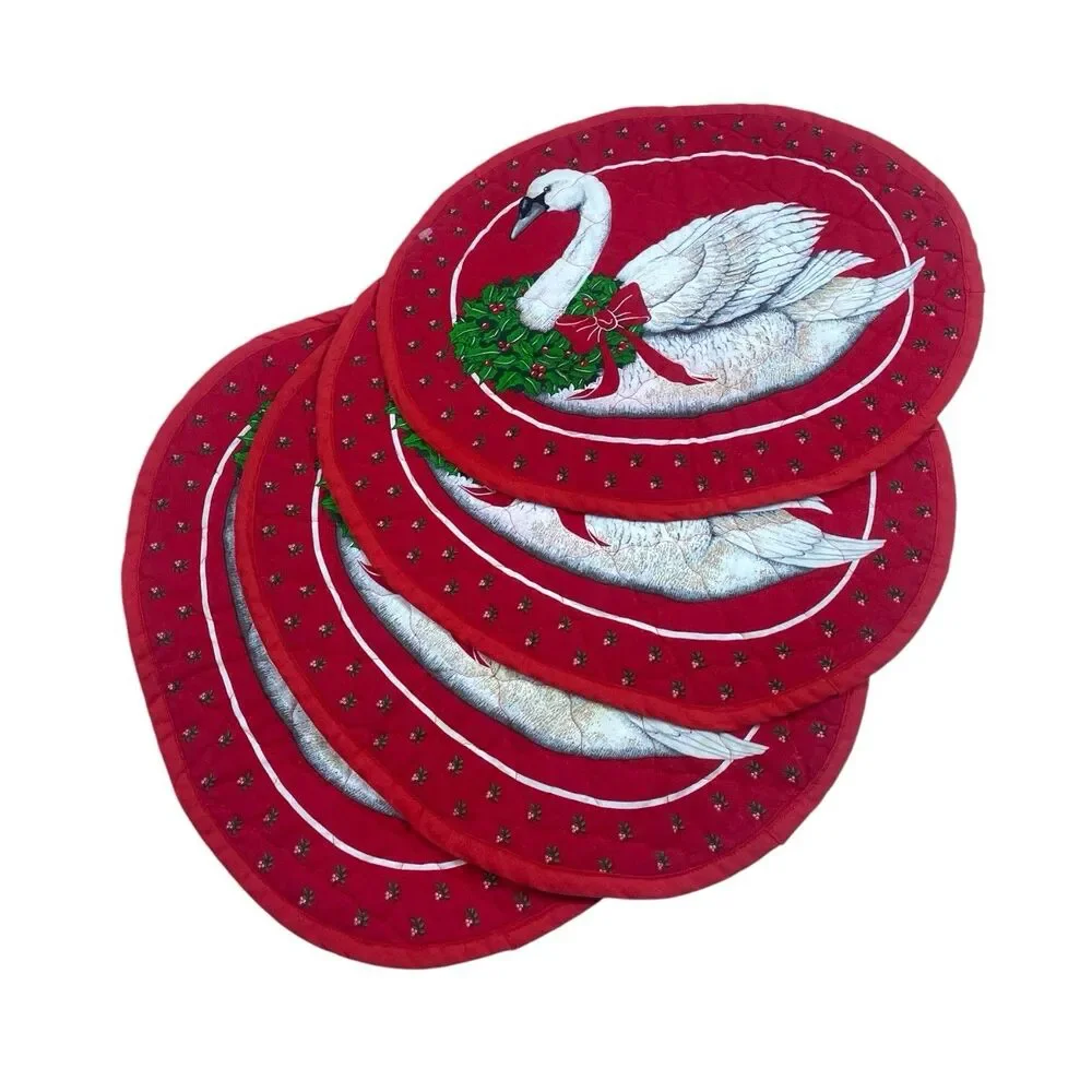 Set of 4 Vintage 1980s Christmas Holiday Goose Quilted Placemats Cottagecore Red